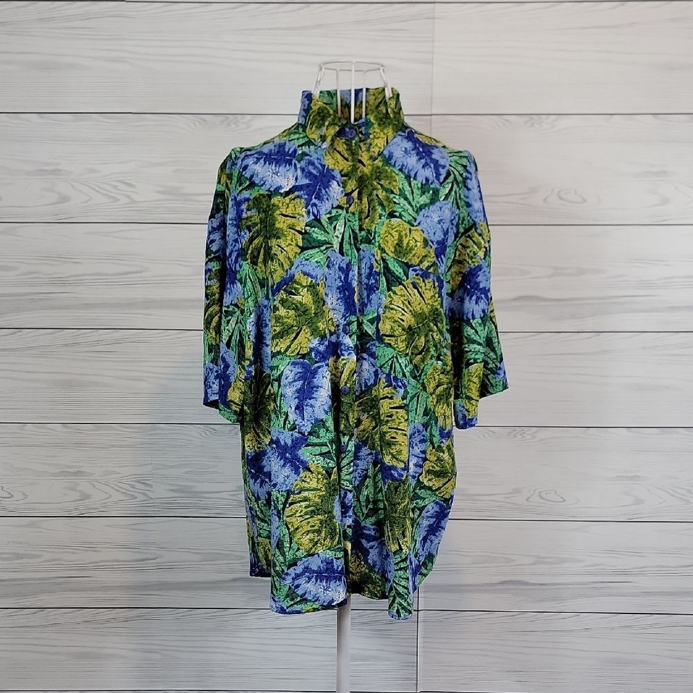 Vintage Bobbie Brooks Hawaiian Shirt Blue & Green Palm Leaf Mens Size L